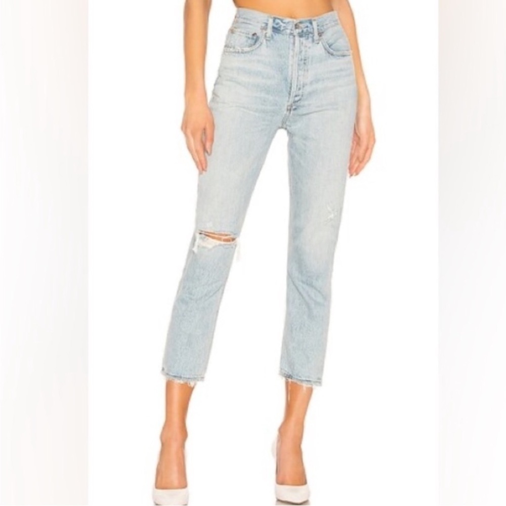 Agolde Riley Straight Crop Jeans Sz 23 High Rise Light Wash Distressed